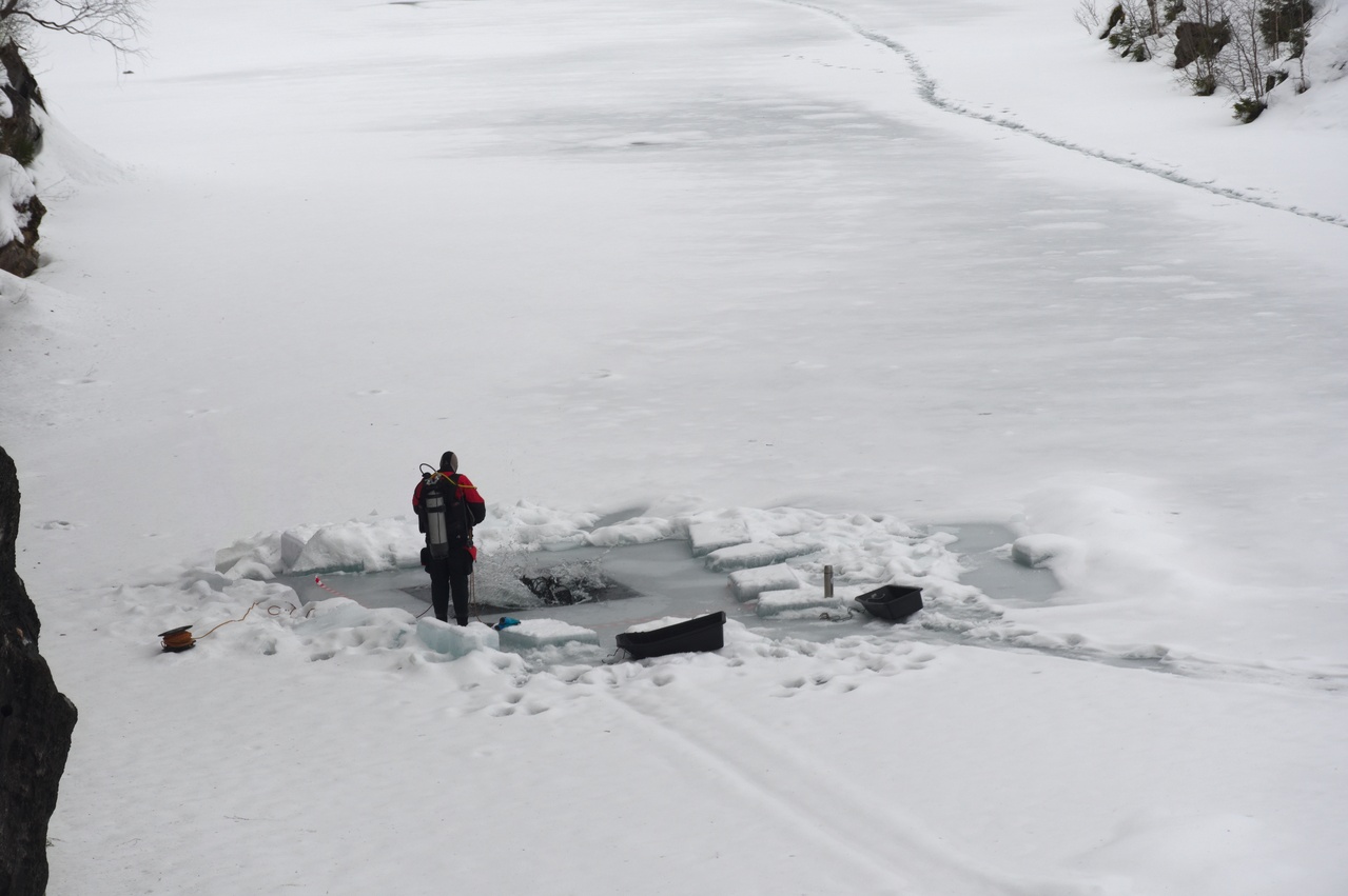Scuba divers dive into a hole in the ice
